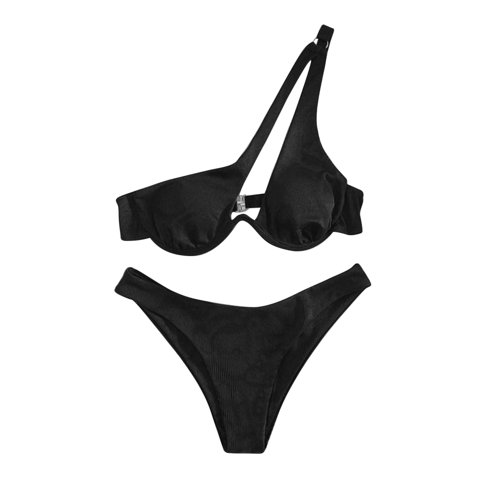 Women Bikini Set Two Piece Underwire Padded One Shoulder Cutout Backless Stretchy Bathing Suit Swimwear Black L