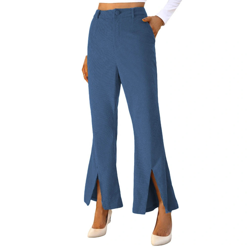 Women Slacks Split Hem High Waist Plain Color Wide Leg Stretchy Loose Pants for Female Blue L