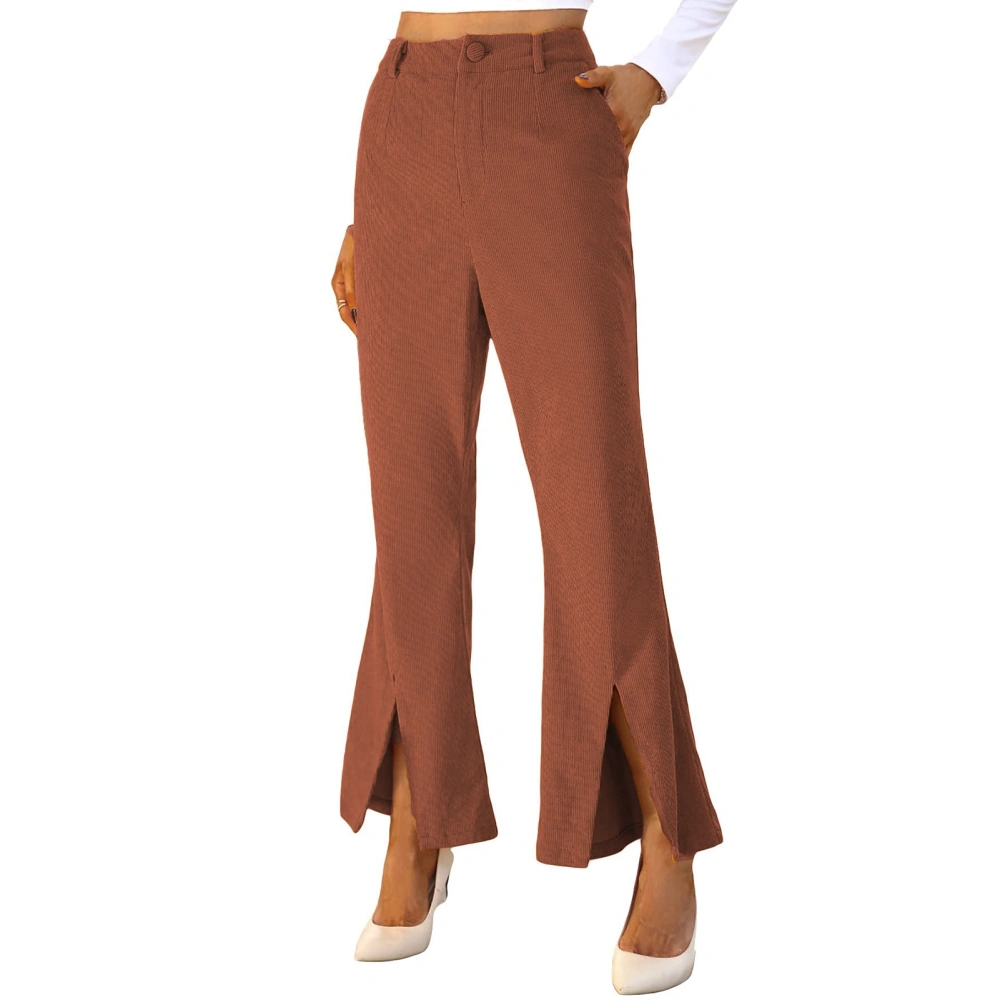 Women Slacks Split Hem High Waist Plain Color Wide Leg Stretchy Loose Pants for Female Brownish Red XL