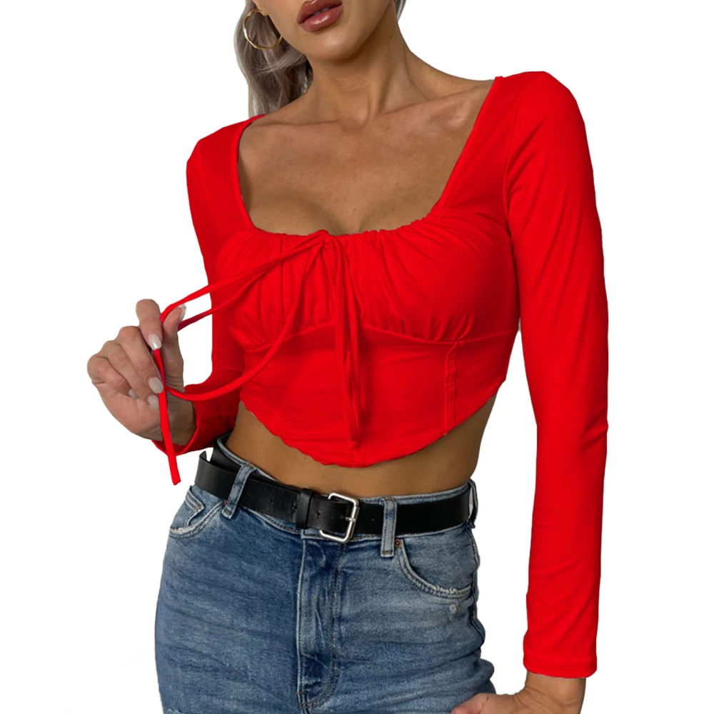 Shirred Long Sleeve Top Two Wear Design Spread Collar Soft Women Tops for Daily Wear Outdoor Red M