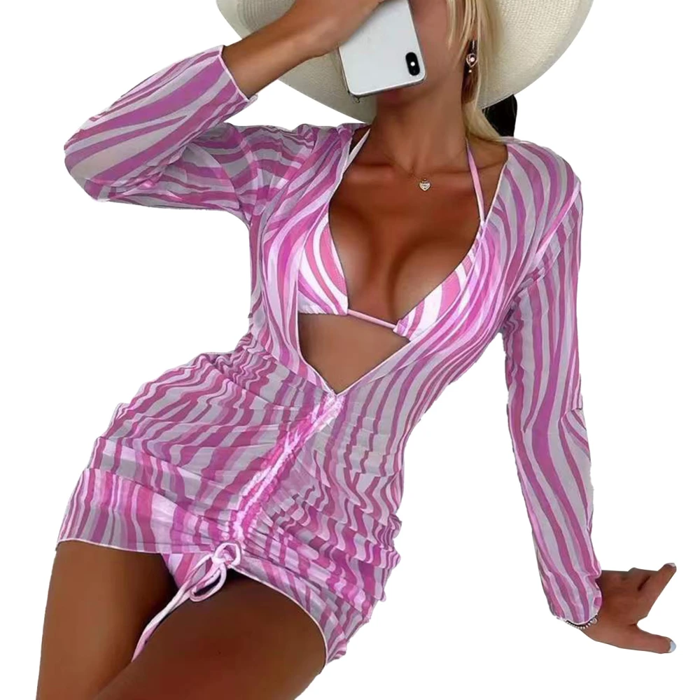 Women Bikini Set Beach Elegant 2 Piece Swimsuit Bathing Suit Transparent Mesh Long Sleeved Outwear Pink White Stripe XL