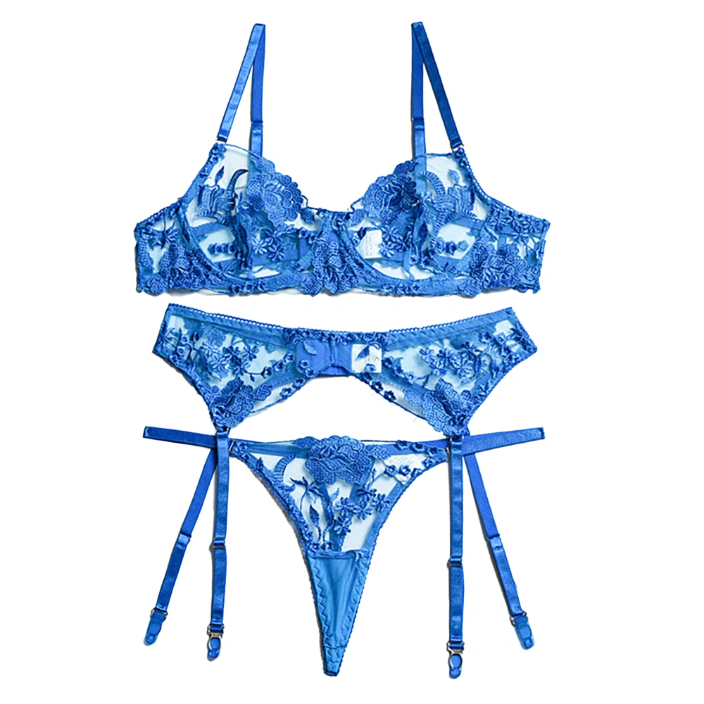 3pcs Women Lingerie Set Underwire Bra Adjust Straps Garter Belt Lace See Through Nightwear Blue M