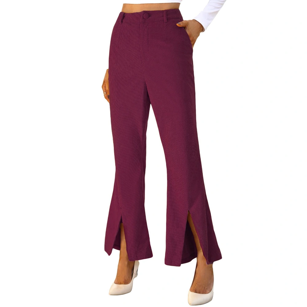 Women Slacks Split Hem High Waist Plain Color Wide Leg Stretchy Loose Pants for Female Wine Red M