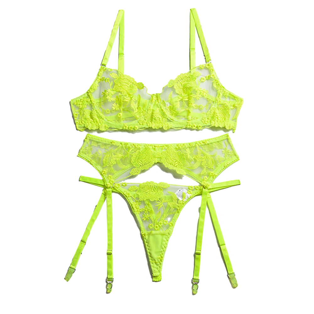 3pcs Women Lingerie Set Underwire Bra Adjust Straps Garter Belt Lace See Through Nightwear Fluorescent Green M