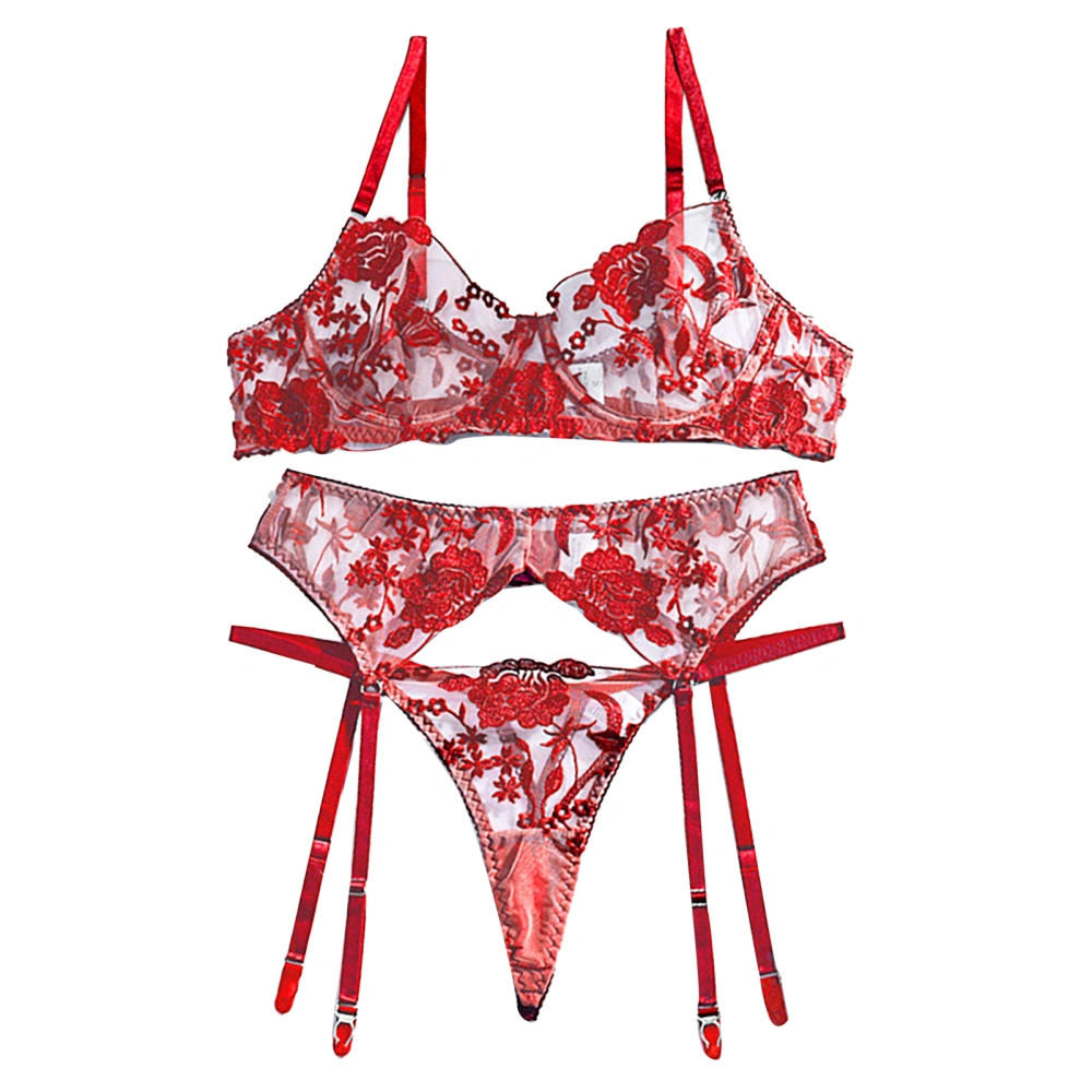 3pcs Women Lingerie Set Underwire Bra Adjust Straps Garter Belt Lace See Through Nightwear Red S