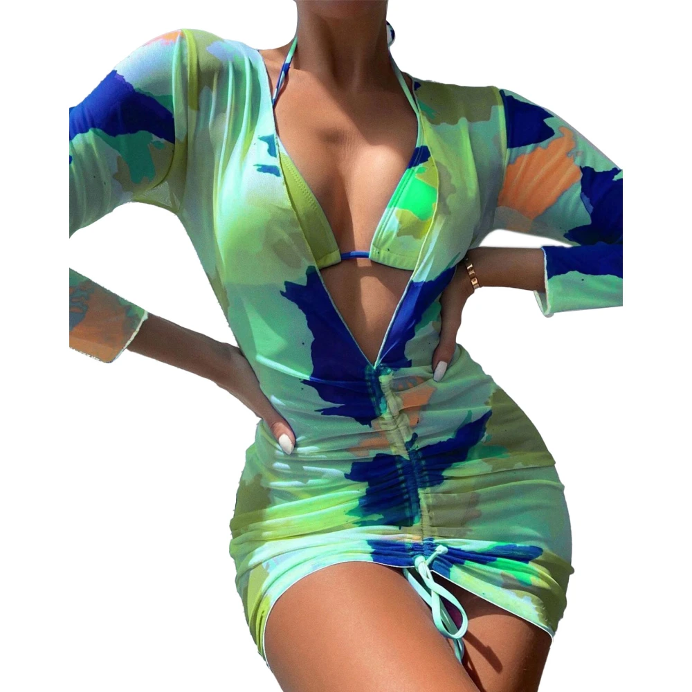 Women Bikini Set Beach Elegant 2 Piece Swimsuit Bathing Suit Transparent Mesh Long Sleeved Outwear Print On Green L