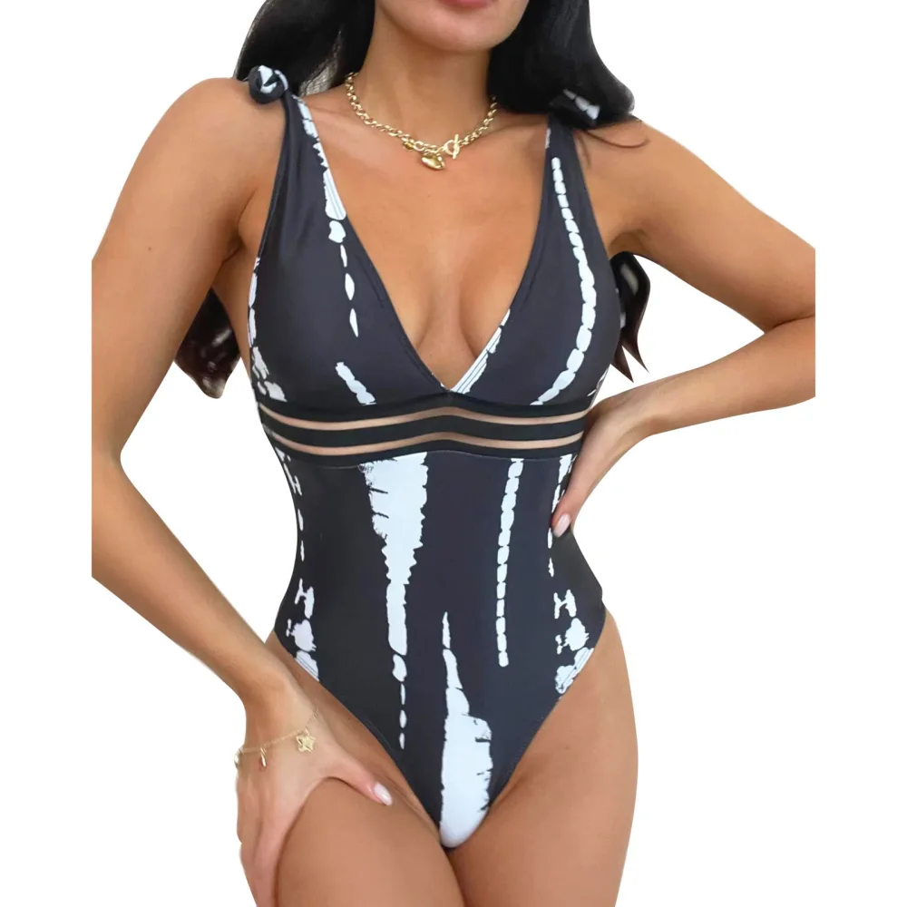 One Piece Bathsuit Backless Deep V Neck Tie Slim Fit Printed One Piece Swimsuit for Women Black S