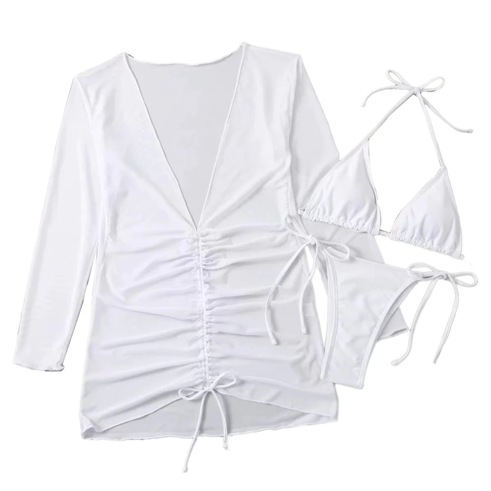 Women Bikini Set Beach Elegant 2 Piece Swimsuit Bathing Suit Transparent Mesh Long Sleeved Outwear White S