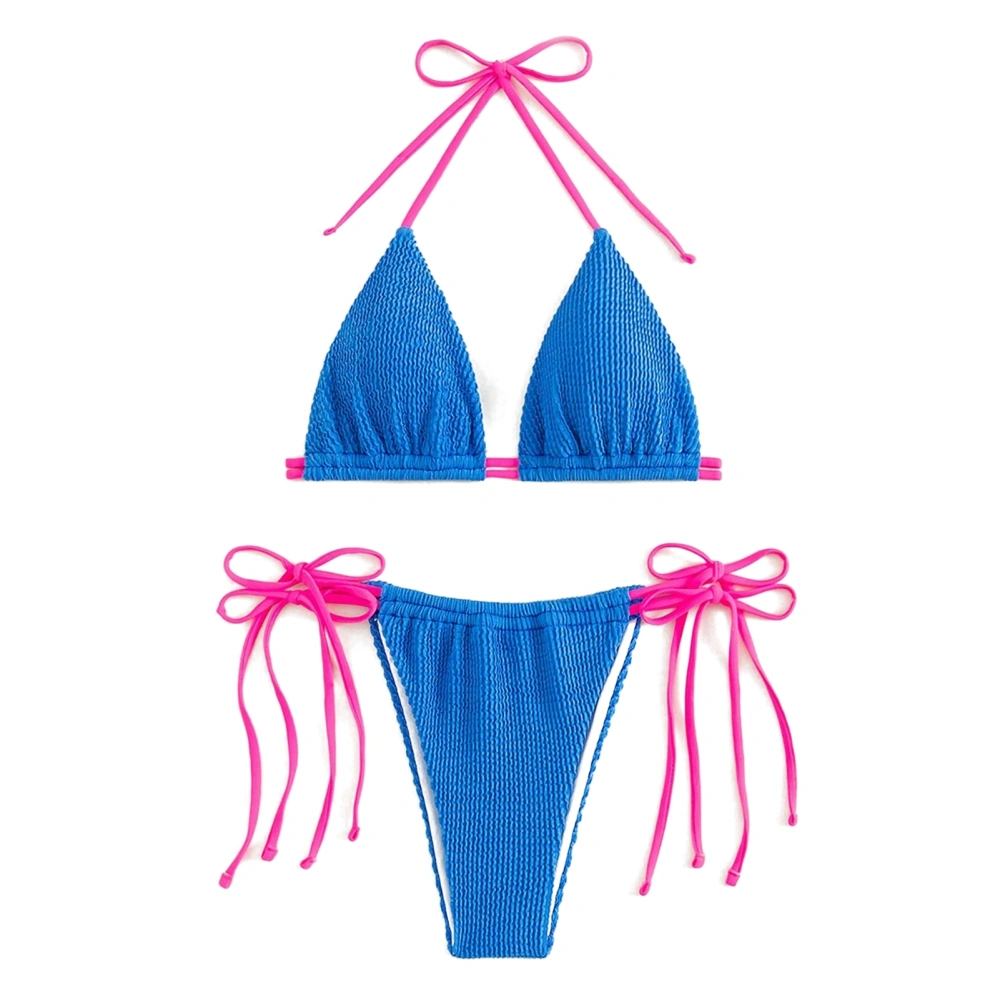 Womens Triangle Halter String Bikini Sets Stylish Color Matching Ribbed Tie Side Halter Bikini Swimsuit Blue L