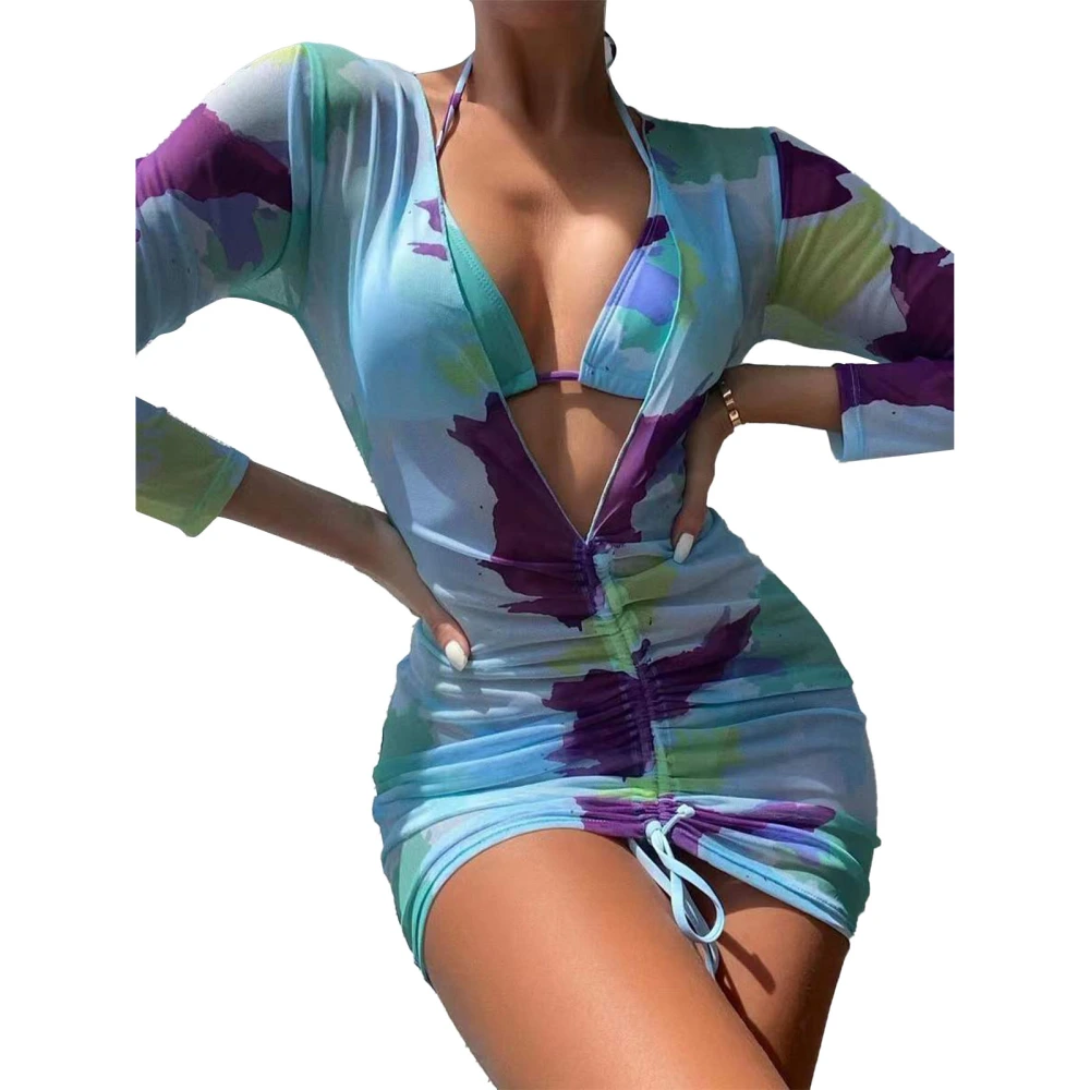 Women Bikini Set Beach Elegant 2 Piece Swimsuit Bathing Suit Transparent Mesh Long Sleeved Outwear Print On Blue L