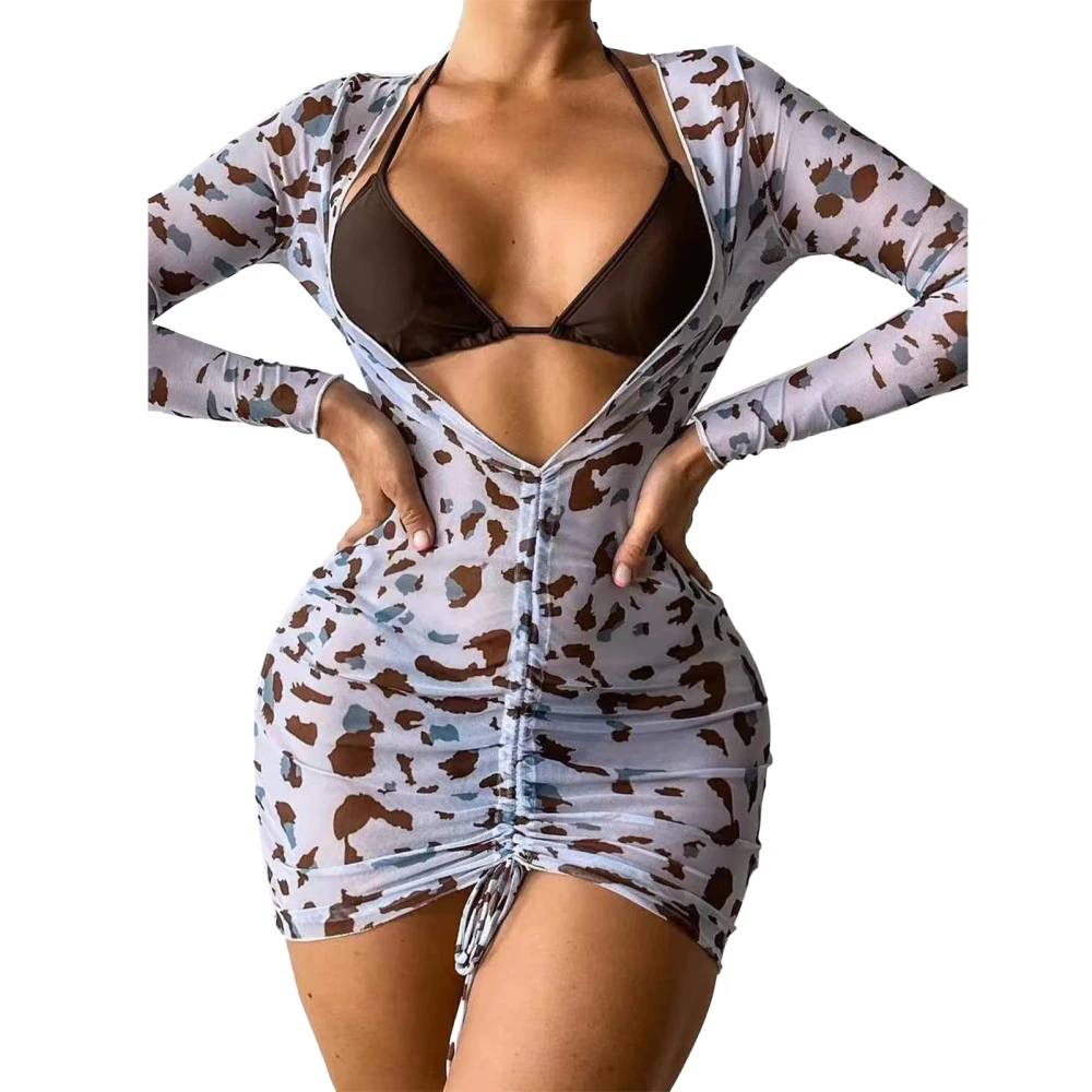 Women Bikini Set Beach Elegant 2 Piece Swimsuit Bathing Suit Transparent Mesh Long Sleeved Outwear White Leopard Print XL