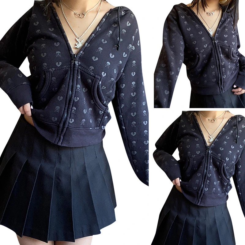 European And American Dark Blue Hooded Small Skull Love Print Sweater Women