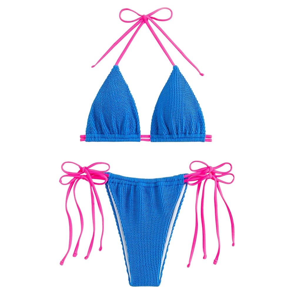 Two Piece Swimsuit Fashionable Erogenous Tight Bikini Removable Cups for Beaches Surfing Swimming Pools Blue L 12‑14