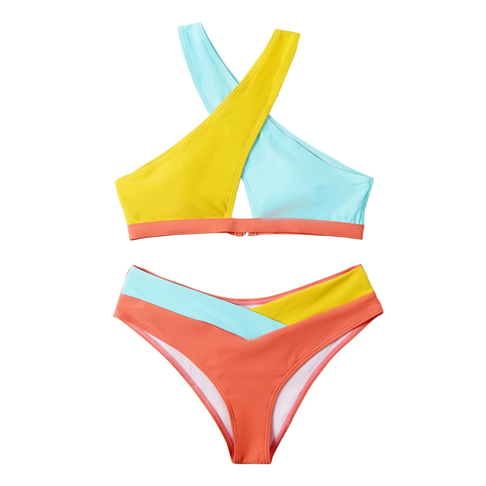 Women Swimwear High Waist Color Blocking Crisscross Two Piece Swimsuit Bikini Bathing Suit for Beach Parties Swimming Color Blocking 1 M