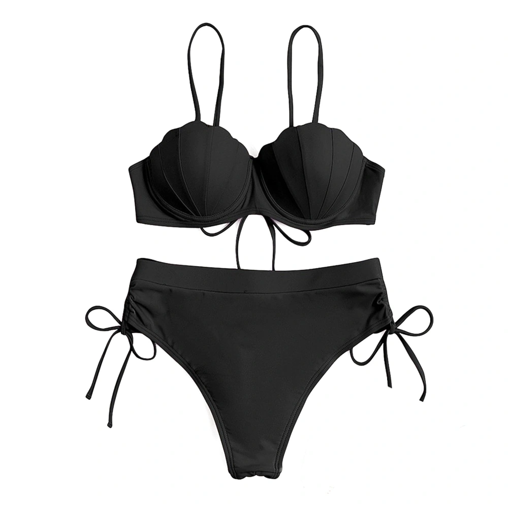 Women Bikini Set Fashionable Elegant Pure Color Spaghetti Strap Top Bow Tie 2 Piece Swimsuit Bathing Suit Black L