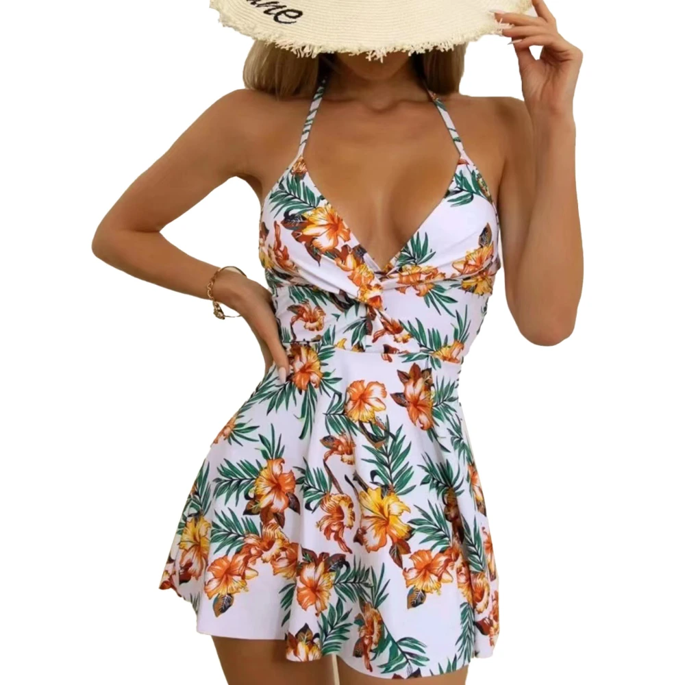 Tankini Swimsuit Tie Halter Neck V Neck Backless Print 2 Piece Swim Dress with Bikini Bottom Chest Pad for Beach Pool Print M