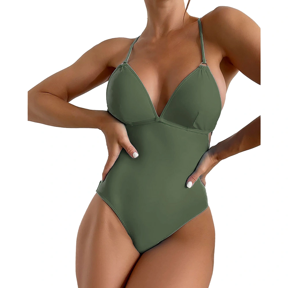 One Piece Swimsuit Backless Hollow Pure Color Fashion Breathable One Piece Bathing Suits for Women Green M