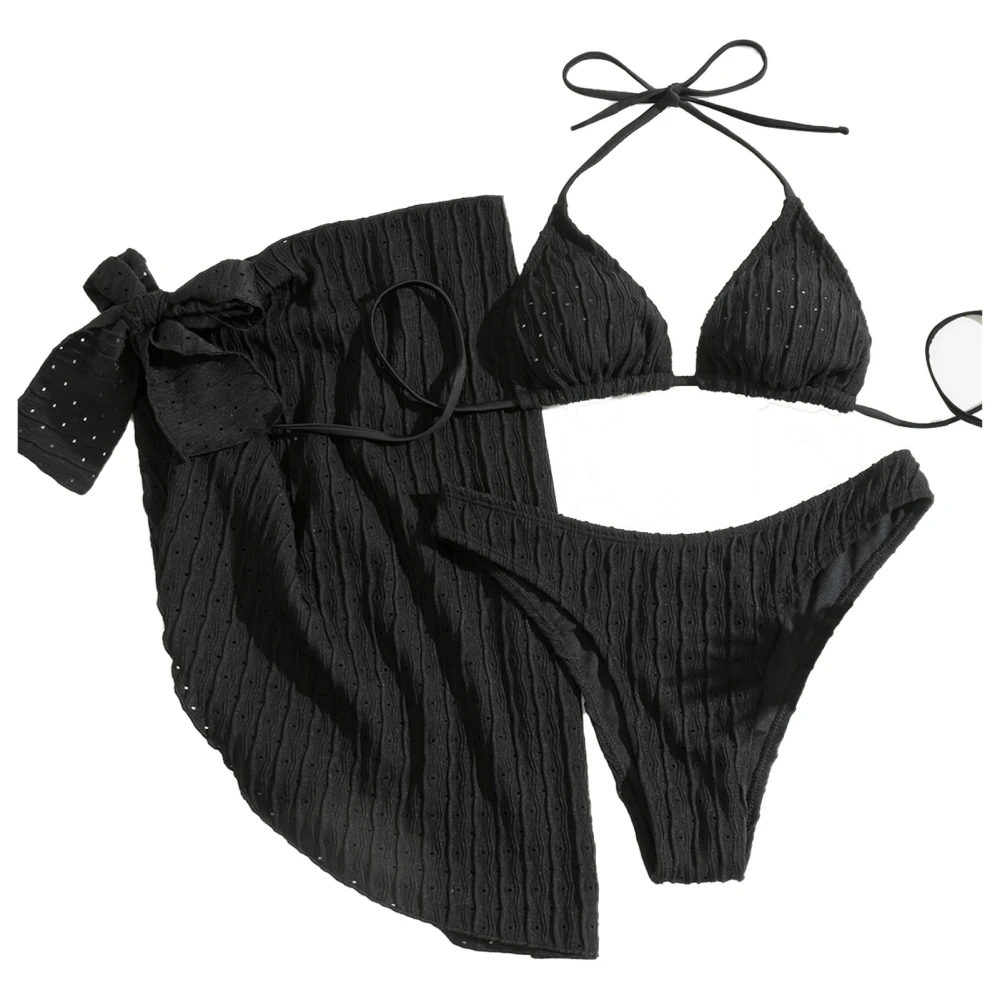 Womens 3 Piece Swimsuits Lace Up Halter Bikini Set with Beach Skirt Bathing Suits for Beach Surf Swimming Pool Spa Black S