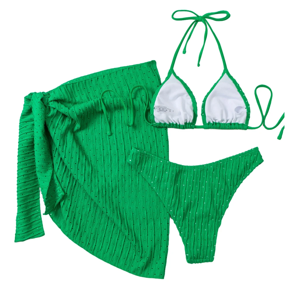 Womens 3 Piece Swimsuits Lace Up Halter Bikini Set with Beach Skirt Bathing Suits for Beach Surf Swimming Pool Spa Green L