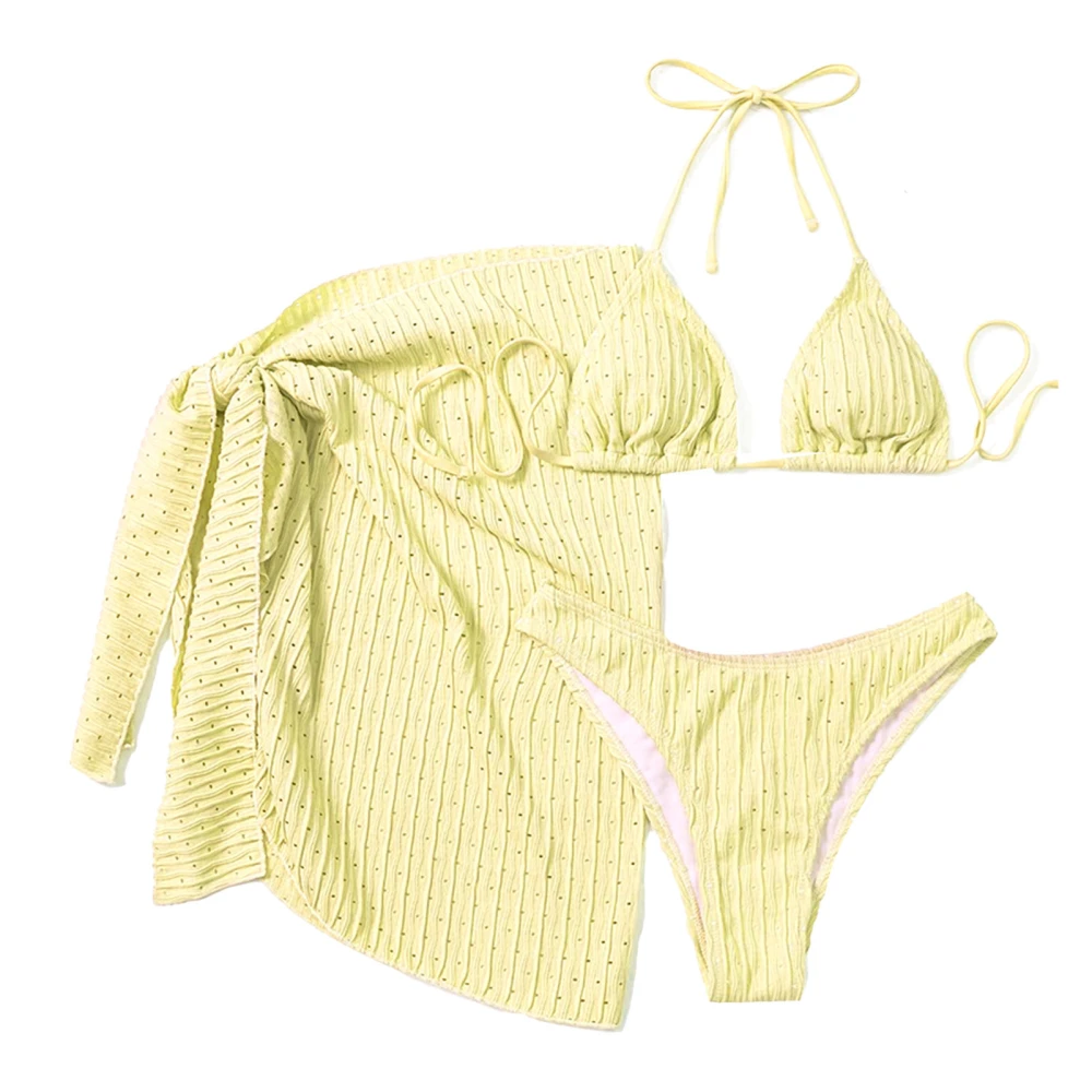 Womens 3 Piece Swimsuits Lace Up Halter Bikini Set with Beach Skirt Bathing Suits for Beach Surf Swimming Pool Spa Yellow L