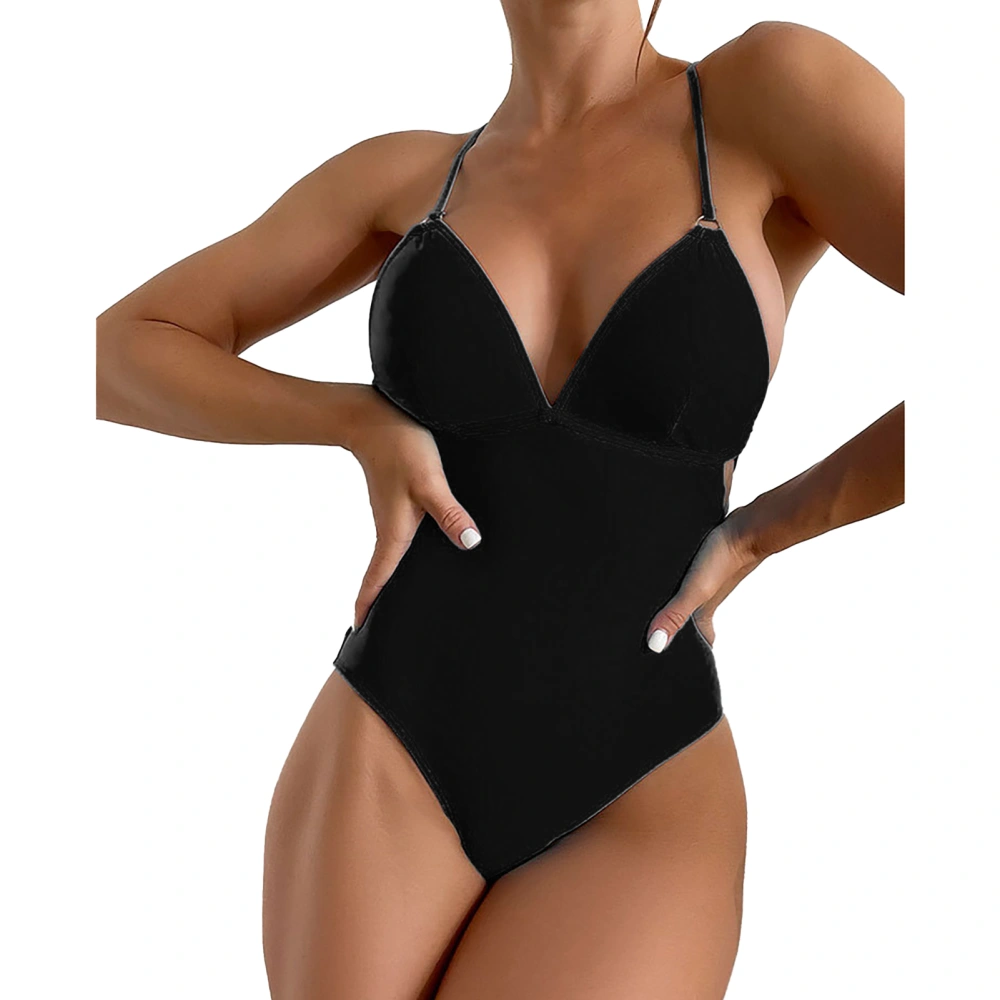 One Piece Swimsuit Backless Hollow Pure Color Fashion Breathable One Piece Bathing Suits for Women Black L