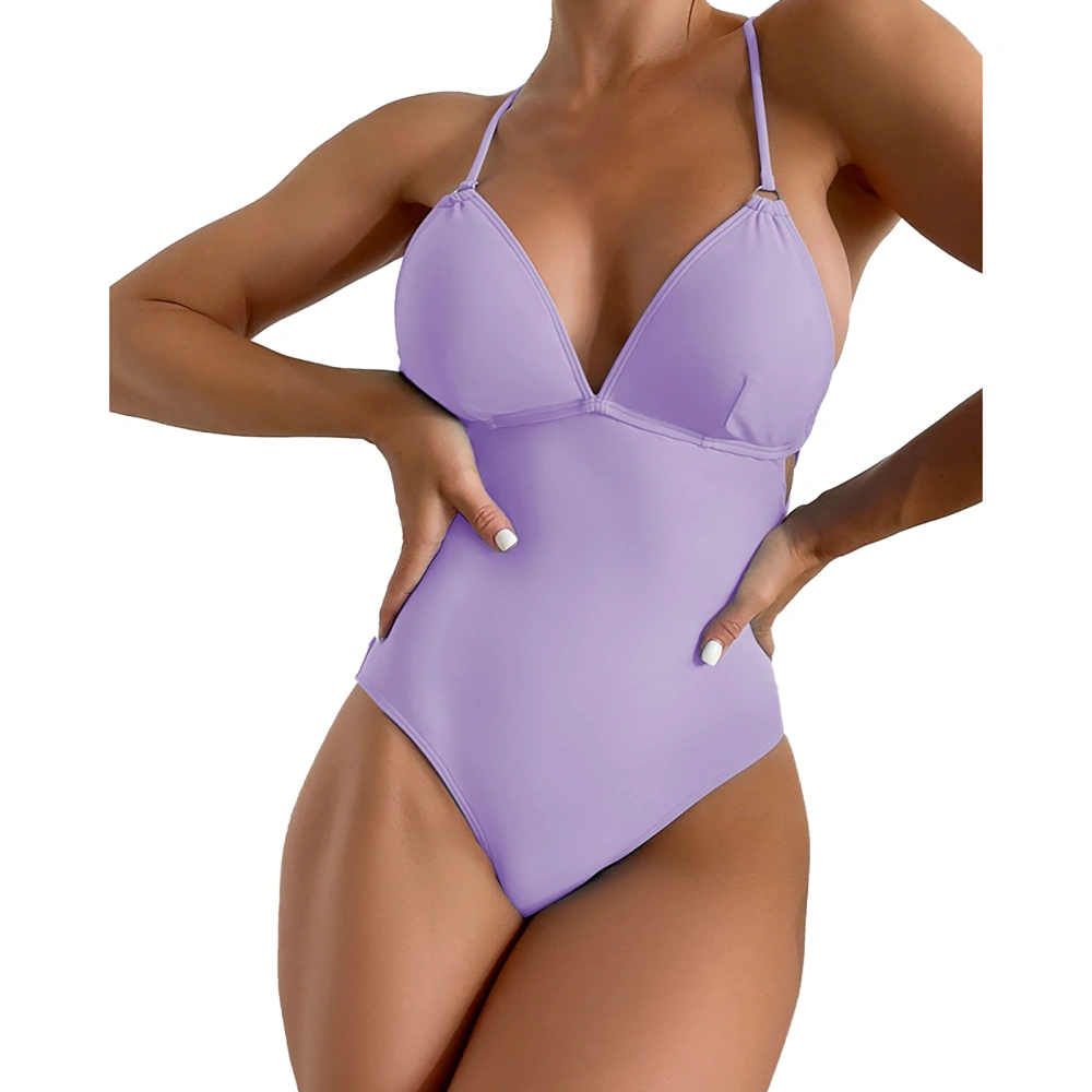 One Piece Swimsuit Backless Hollow Pure Color Fashion Breathable One Piece Bathing Suits for Women Purple S