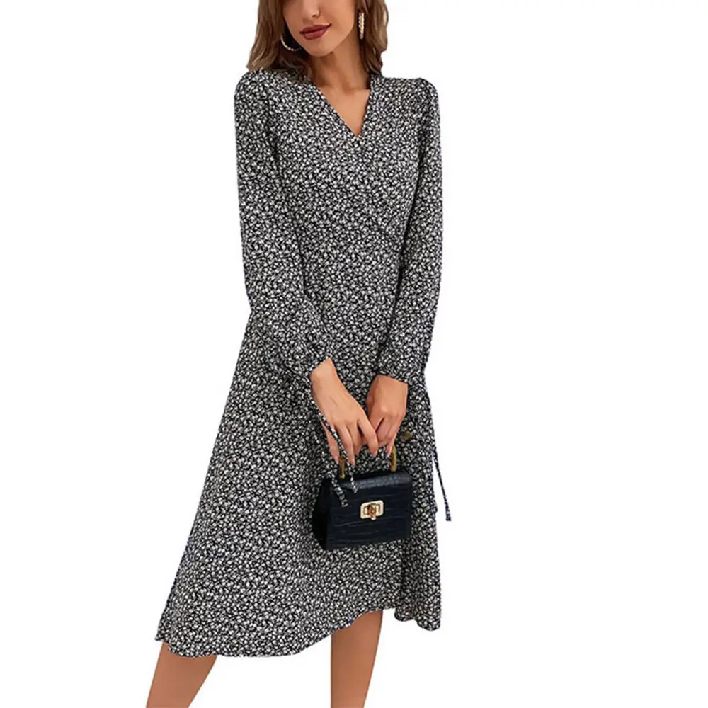 Floral Print Dress Long Sleeve A Line V Neck Split Hem Drawstring Cuff Wrap Women Long Dress for Daily Party Black XL