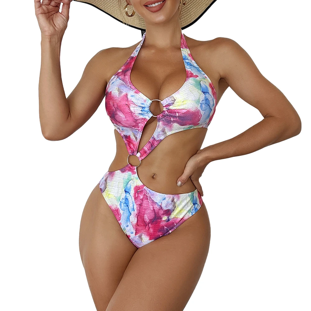 One Piece Swimsuit Halterneck Cutout Design Fashionable One Piece Bathing Suit Women Swimwear Dark Pink XXL