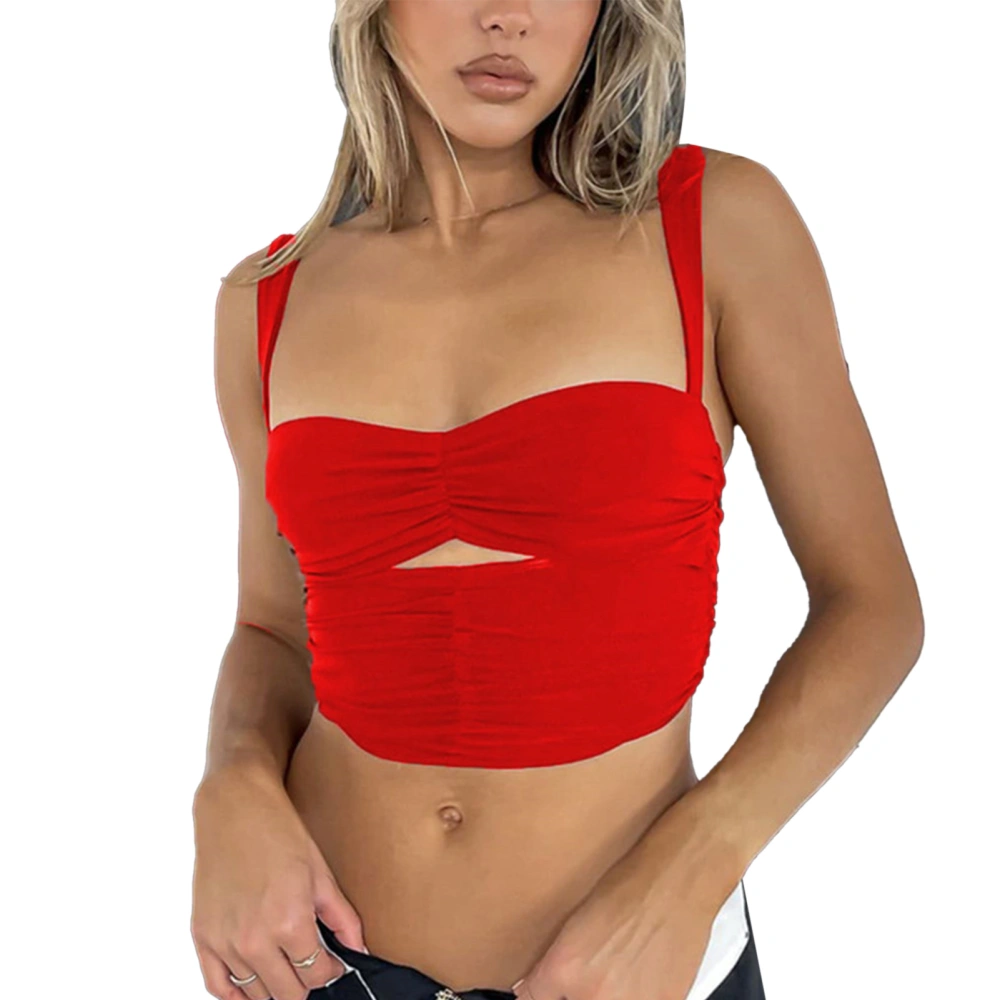 Women Tank Top with Double Shoulder Sling Low Cut Vest Short Style Fashionable Slim Top Red L