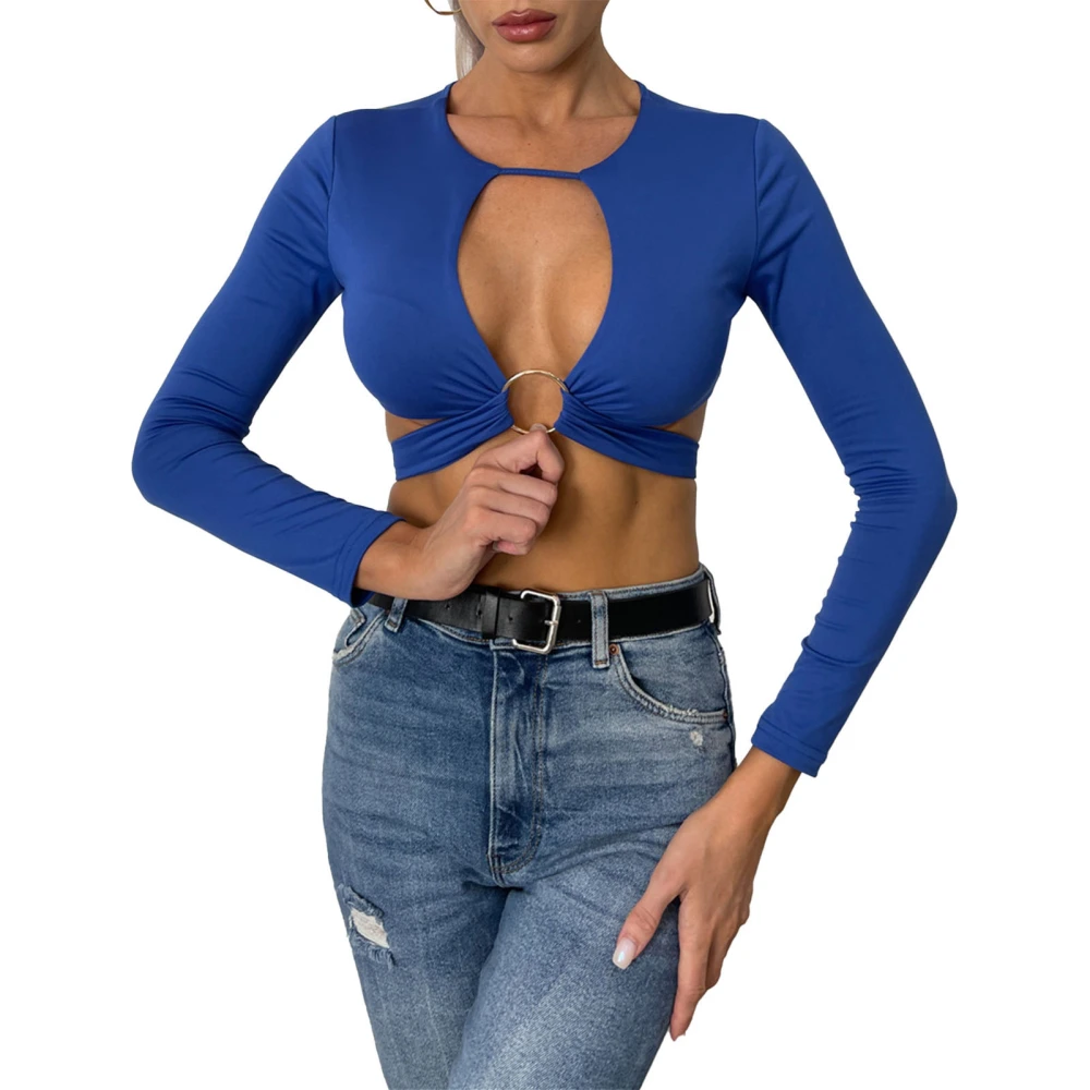 Short Style Long Sleeve Top Metal Ring Cross Tie Up Top Fashionable Women Top for Spring Autumn Blue S