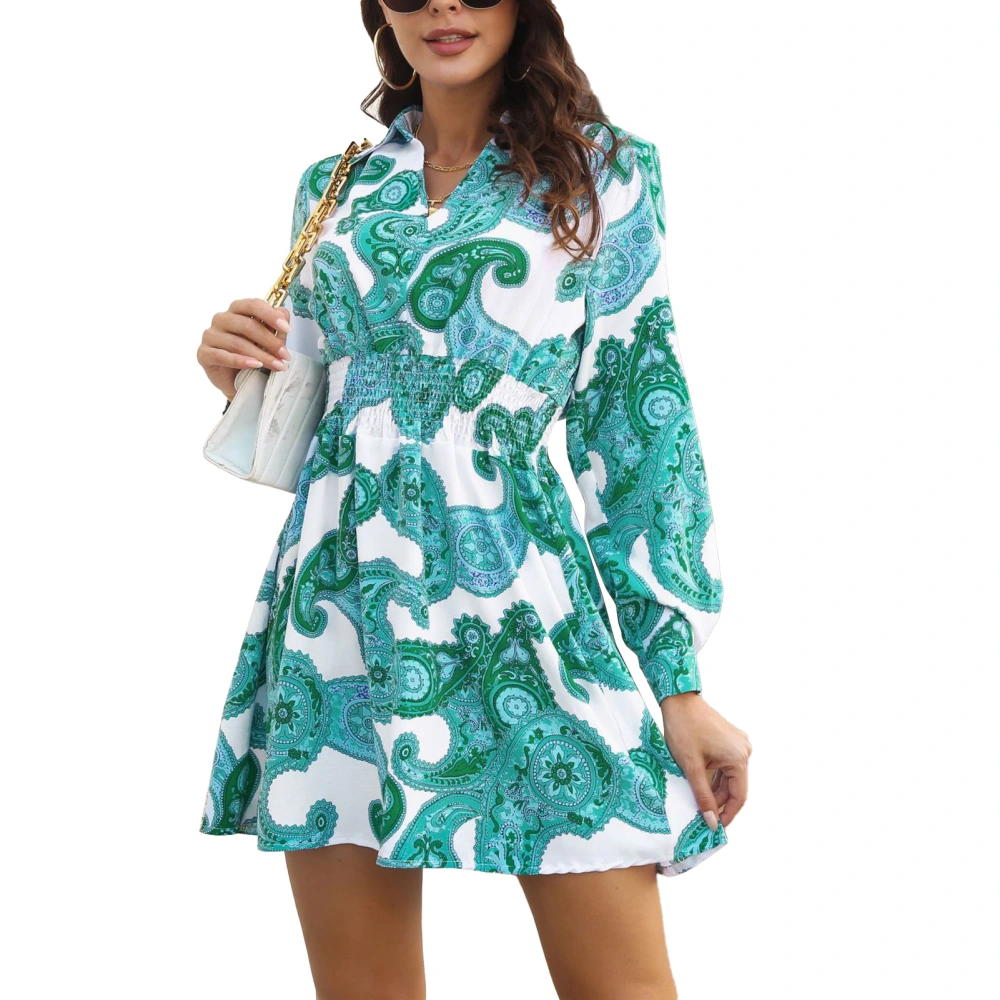 Long Sleeve Mini Dress Paisley Prints V Neck Puff Sleeve Shirred Waist Women Summer Dress for Party Dating Travel Green L