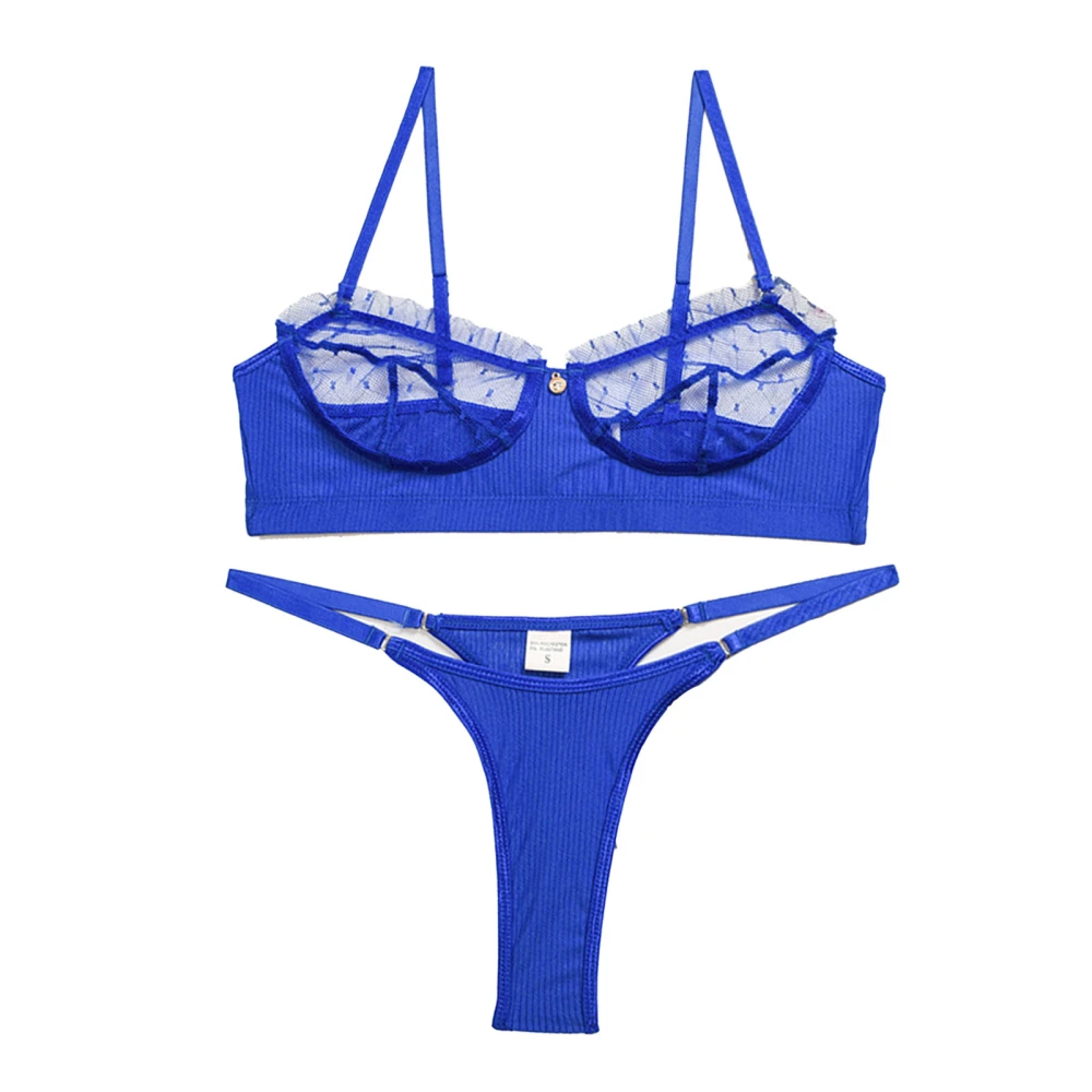 Women Lingerie Set Adjustable Fashionable Elegant Pure Color Lace Mesh Bra and Panty Set for Wedding Night Royalblue L