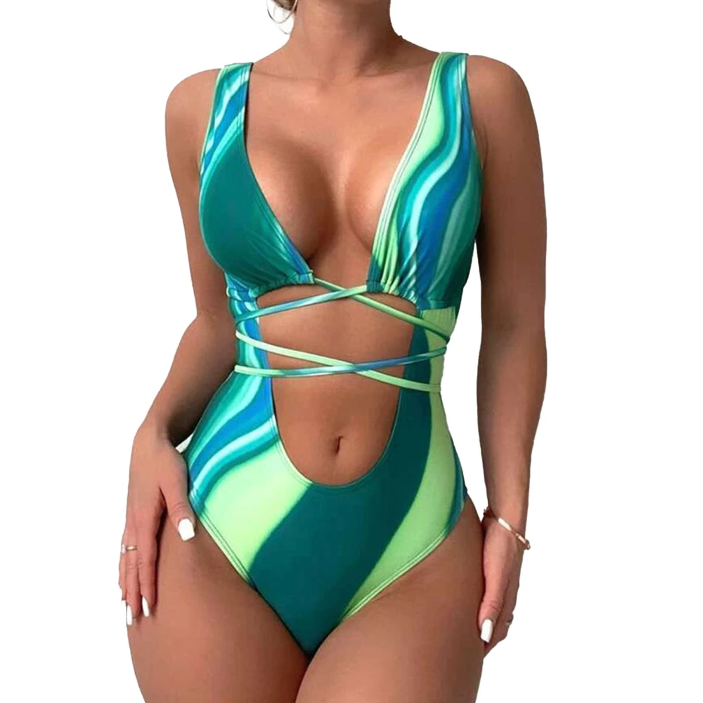 Women Swimsuit Wide Shoulder Straps Deep V Neck Backless One Piece Bathing Suit with Chest Pads Green L