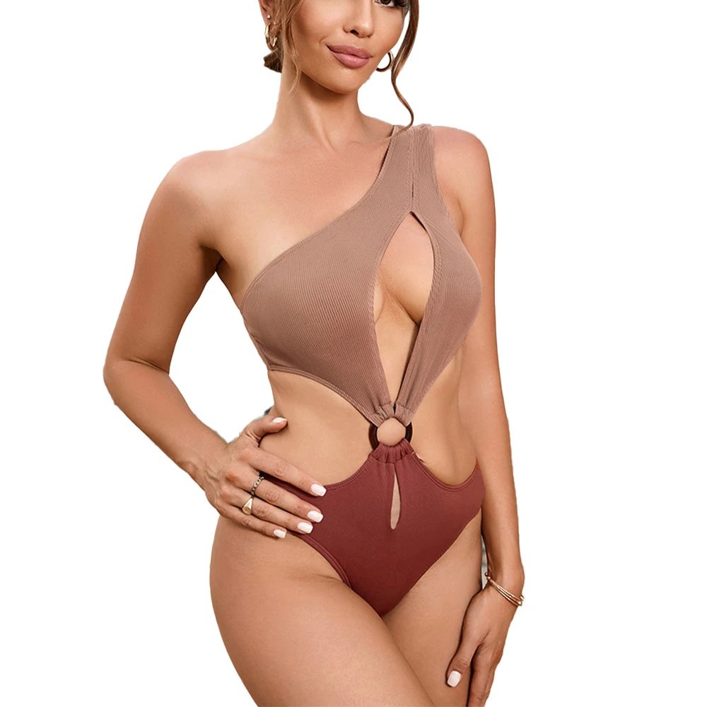 Women One Piece Swimsuit Elegant One Shoulder Hollow Color Block Backless Bathing Suit for Beach Party Brown M