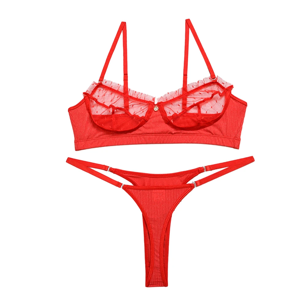 Women Lingerie Set Adjustable Fashionable Elegant Pure Color Lace Mesh Bra and Panty Set for Wedding Night Red M