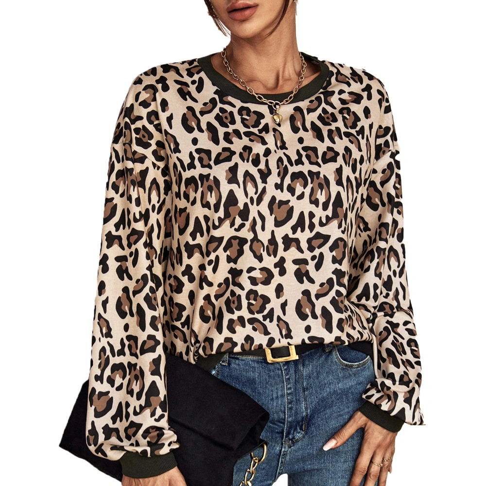 Women Long Sleeve T Shirt Leopard Prints Crewneck Soft Polyester Fiber Women Long Sleeve Tops for Street Office Party Apricot L