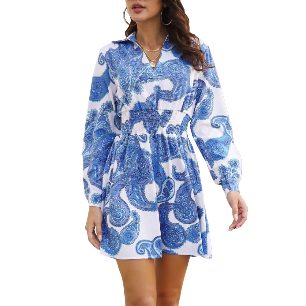 Long Sleeve Mini Dress Paisley Prints V Neck Puff Sleeve Shirred Waist Women Summer Dress for Party Dating Travel Blue M