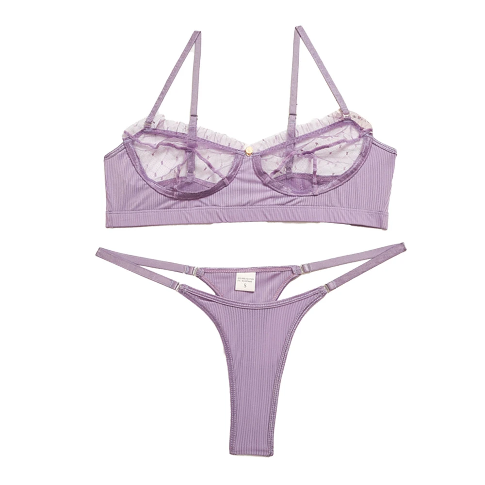 Women Lingerie Set Adjustable Fashionable Elegant Pure Color Lace Mesh Bra and Panty Set for Wedding Night Light Purple L