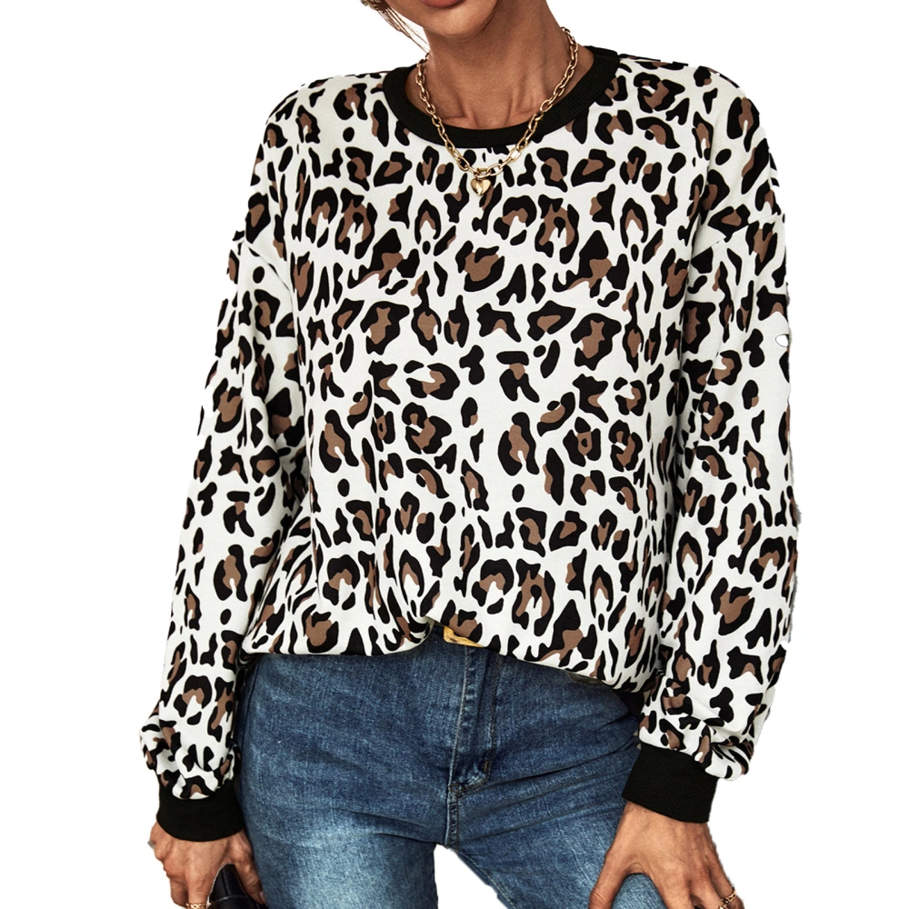 Women Long Sleeve T Shirt Leopard Prints Crewneck Soft Polyester Fiber Women Long Sleeve Tops for Street Office Party Beige M