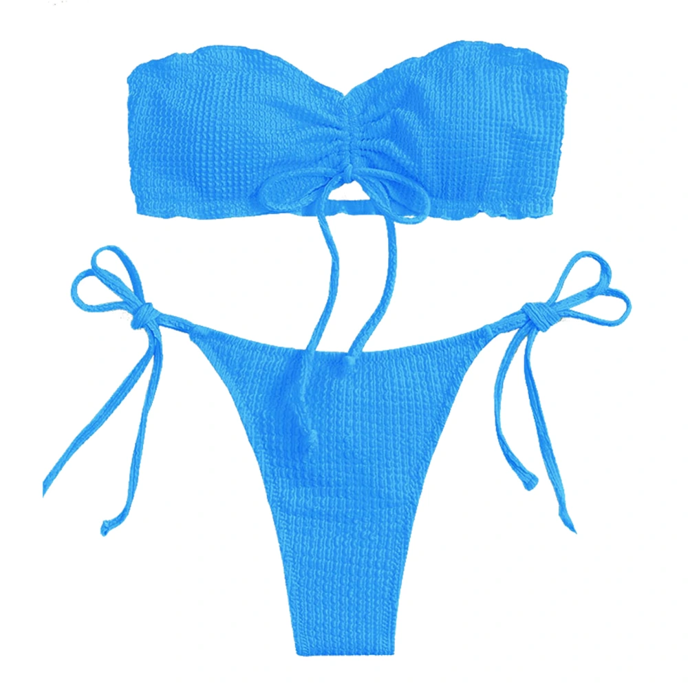 Women 2 Piece Swimsuit Strapless Top High Waist Side Tie Underpants for Water Activities Blue L