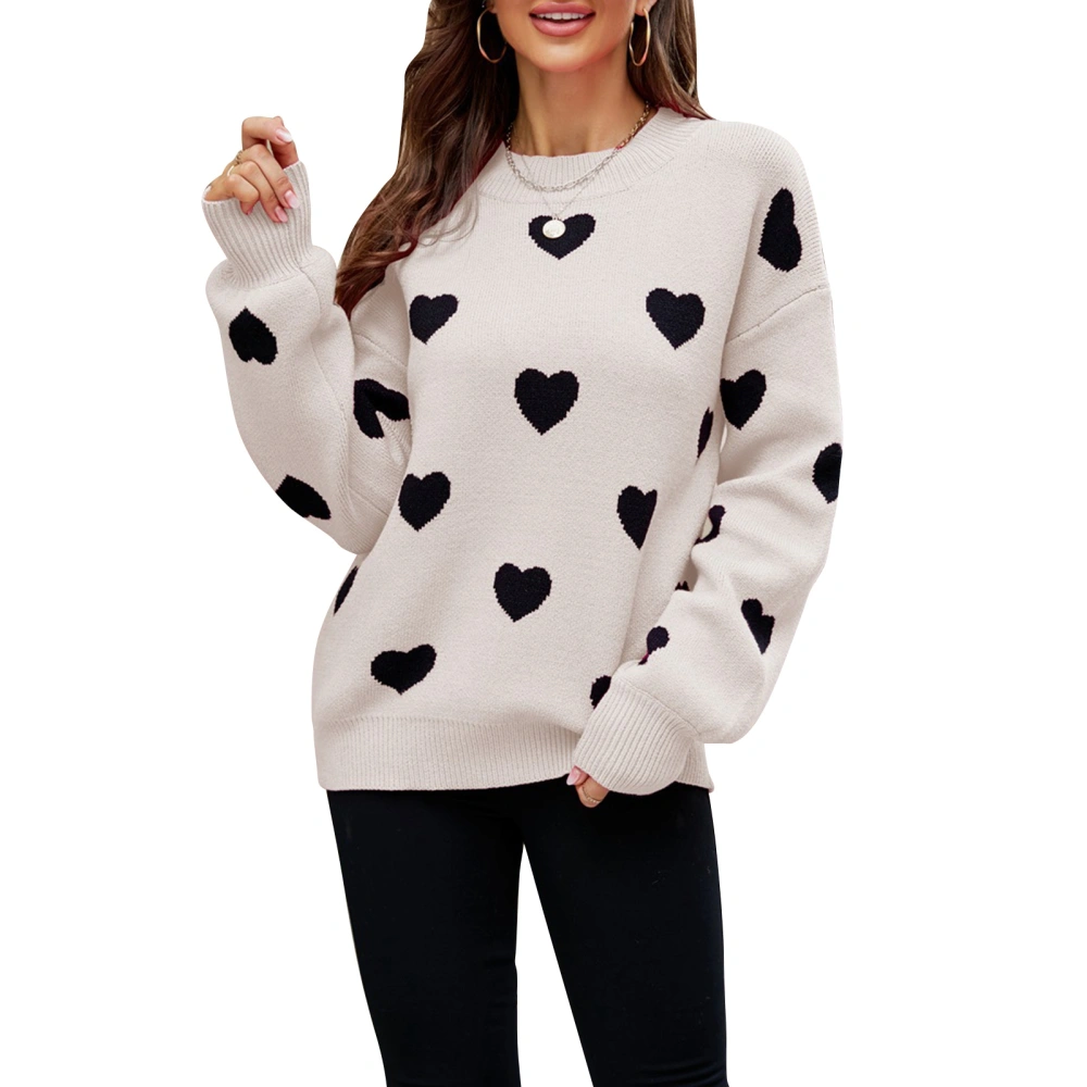 Long Sleeve Sweater Heart Jacquard Pattern Elastic Cuff Loose Comfortable Casual Style Round Neck Pullover Knitwear for Daily Black Apricot L