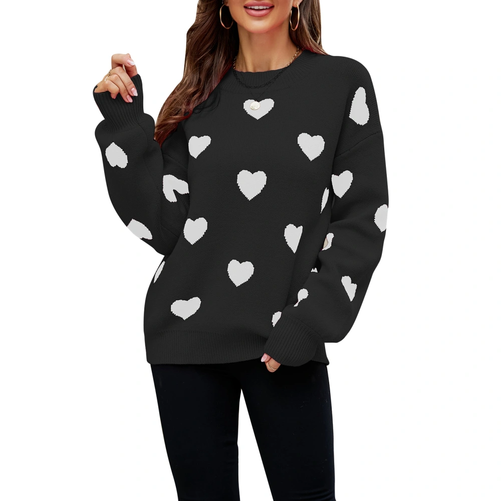 Long Sleeve Sweater Heart Jacquard Pattern Elastic Cuff Loose Comfortable Casual Style Round Neck Pullover Knitwear for Daily Black XL