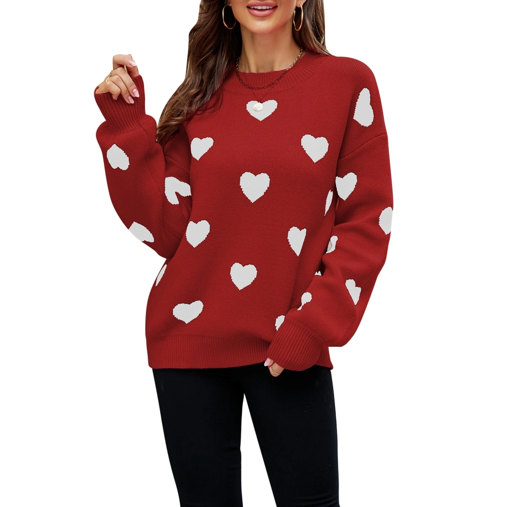 Long Sleeve Sweater Heart Jacquard Pattern Elastic Cuff Loose Comfortable Casual Style Round Neck Pullover Knitwear for Daily Red L