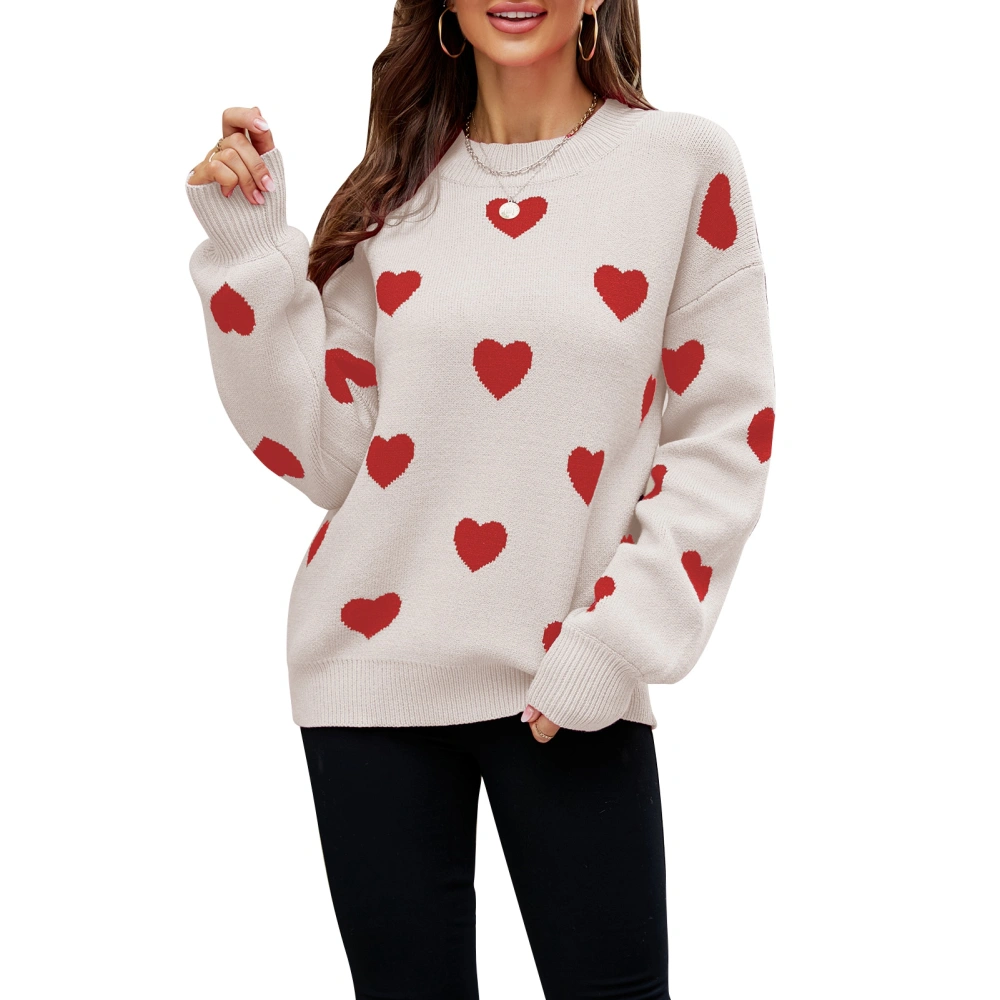 Long Sleeve Sweater Heart Jacquard Pattern Elastic Cuff Loose Comfortable Casual Style Round Neck Pullover Knitwear for Daily Red Apricot M