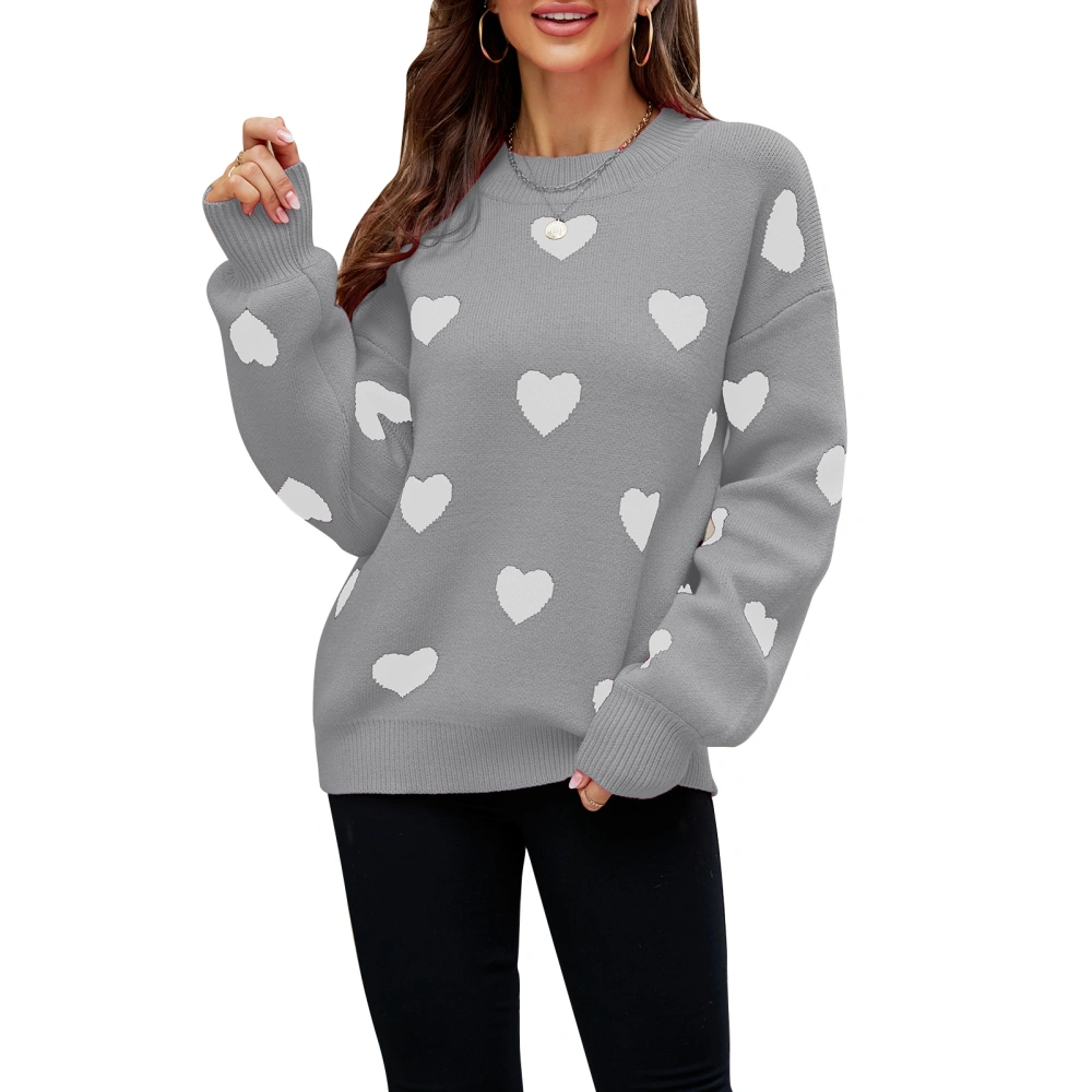 Long Sleeve Sweater Heart Jacquard Pattern Elastic Cuff Loose Comfortable Casual Style Round Neck Pullover Knitwear for Daily Grey M