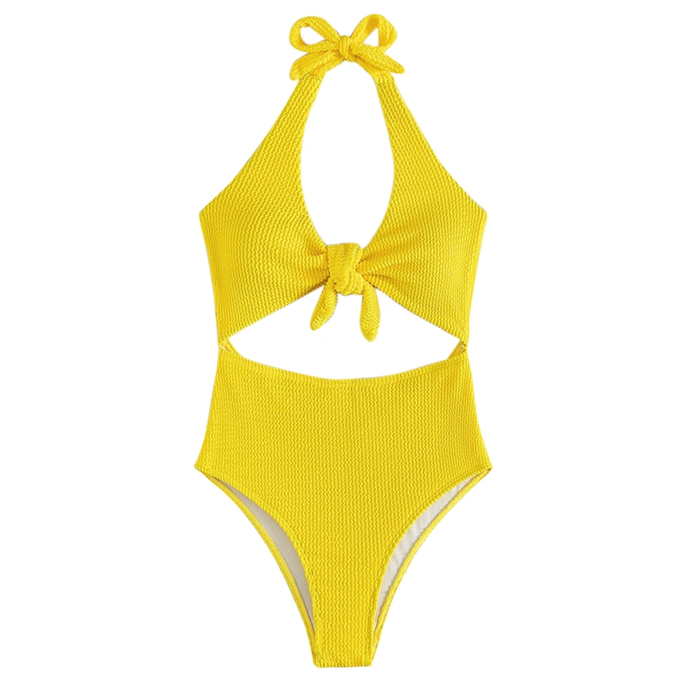 Women One Piece Swimsuit High Waist Hollow Out Halter Backless Bust Knot Bathing Suit Yellow S