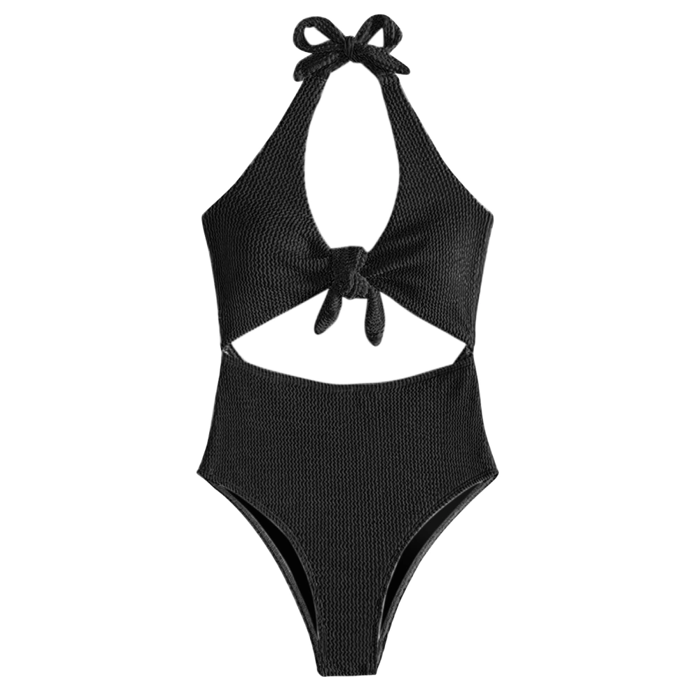 Women One Piece Swimsuit High Waist Hollow Out Halter Backless Bust Knot Bathing Suit Black L