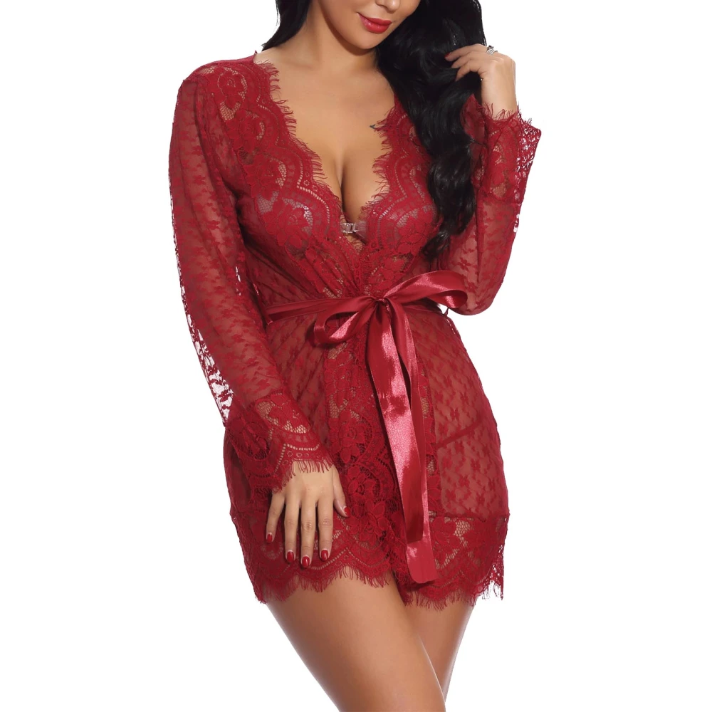 Women Lace Nightdress Suit See Through V Neck Lingerie Panty Open Front Outwear with Belt Wine Red XL