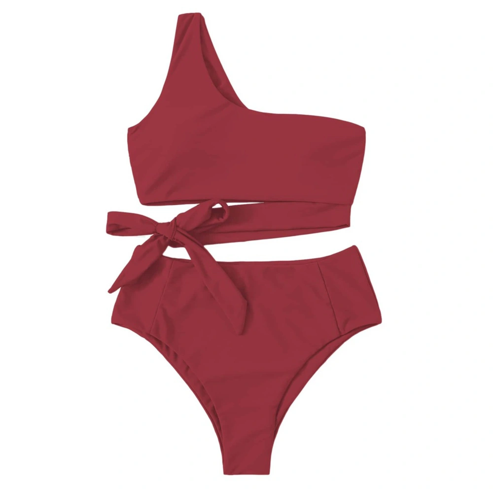 Women Swimsuit High Waisted Single Shoulder Strap Breathable Stretchy Simple Stylish Split Bathing Suits for Beach Parties Brownish Red L