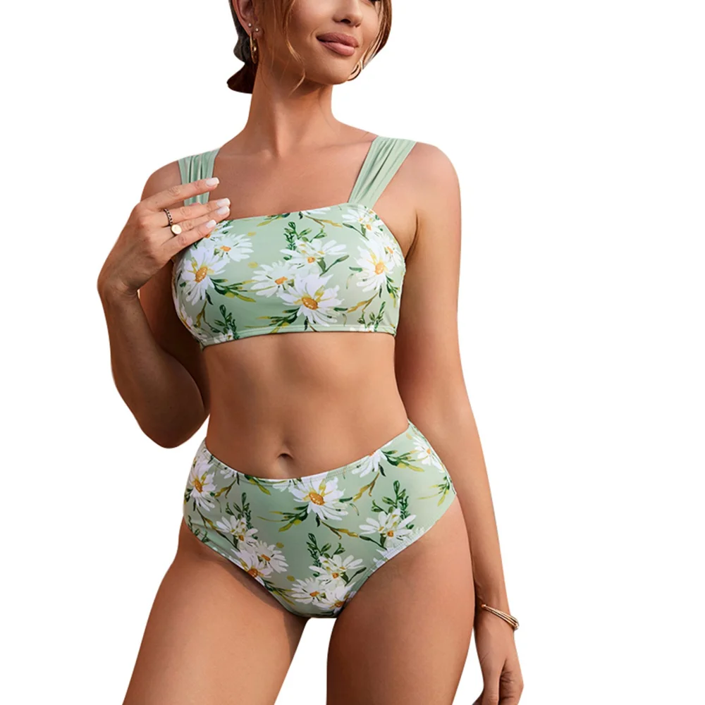 Two Piece Swimsuit Flower Printing High Waist Fashionable Tight Bikini for Beaches Surfing Swimming Pools Green L